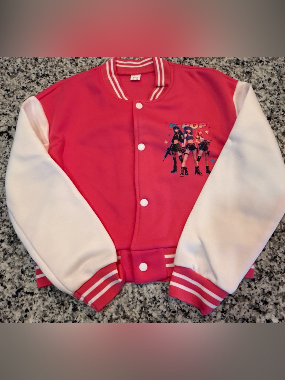 Source Unknown Pink and White Kids Varsity Jacket with Character Print new